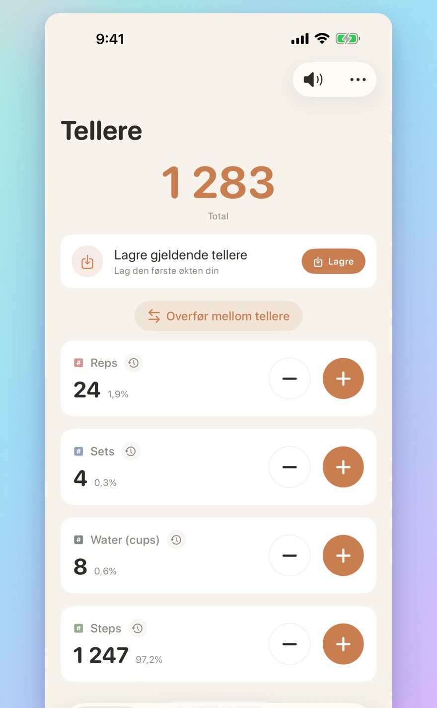 List of multiple personalized counters with names, colors, and smart transfers