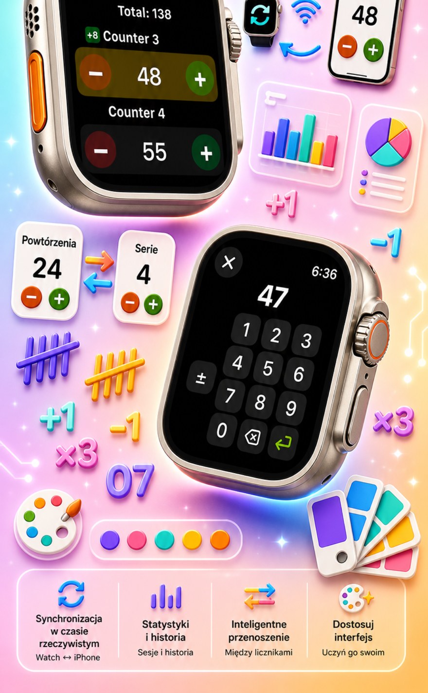 Live Apple Watch sync — counters mirror between iPhone and watch