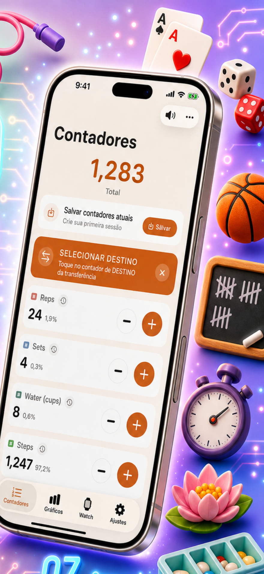 Tally Counter 123 marketing poster — fast input, charts, and history