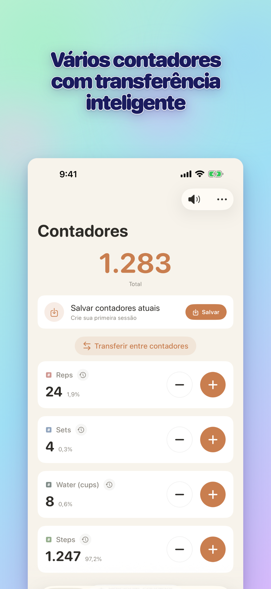 List of multiple personalized counters with names, colors, and smart transfers