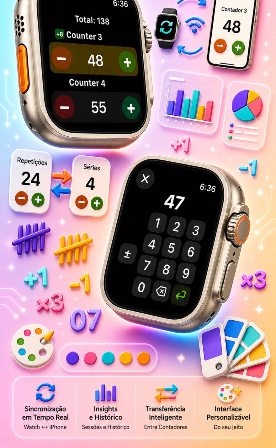 Live Apple Watch sync — counters mirror between iPhone and watch