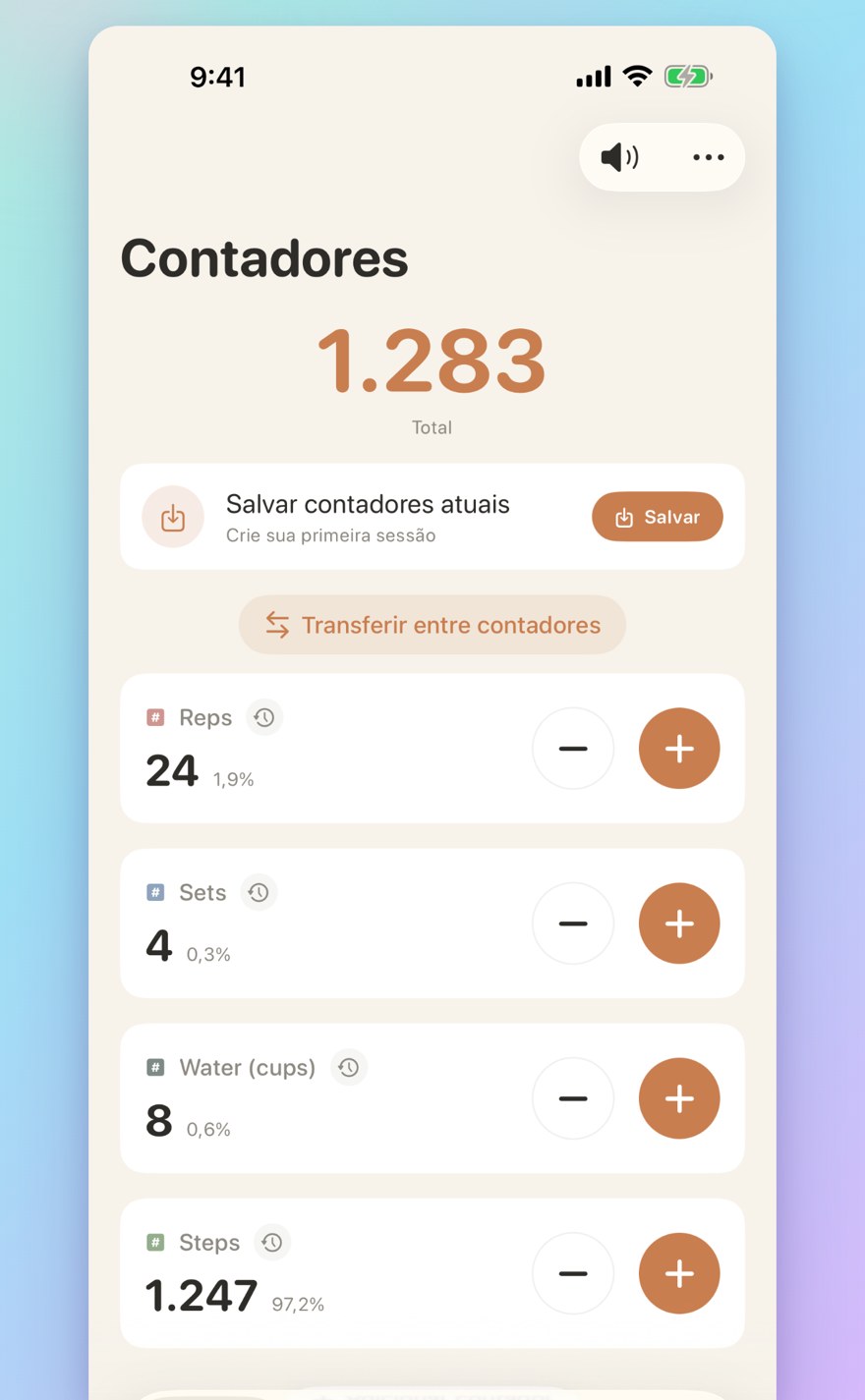 List of multiple personalized counters with names, colors, and smart transfers