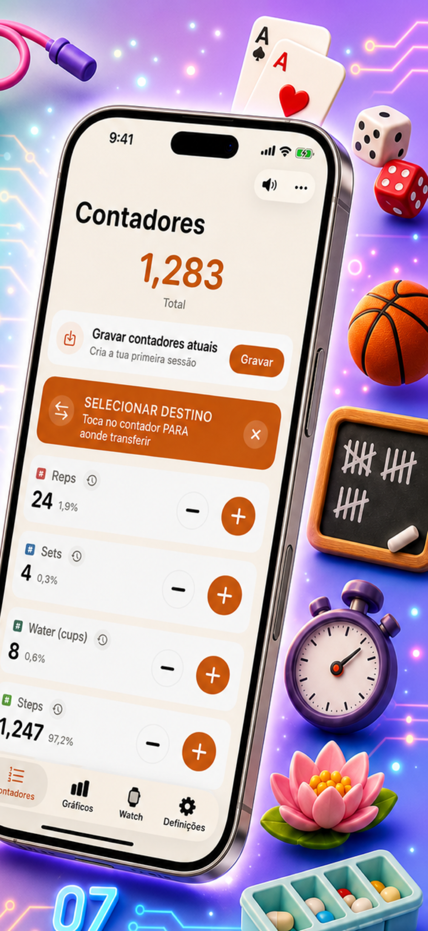 Tally Counter 123 marketing poster — fast input, charts, and history