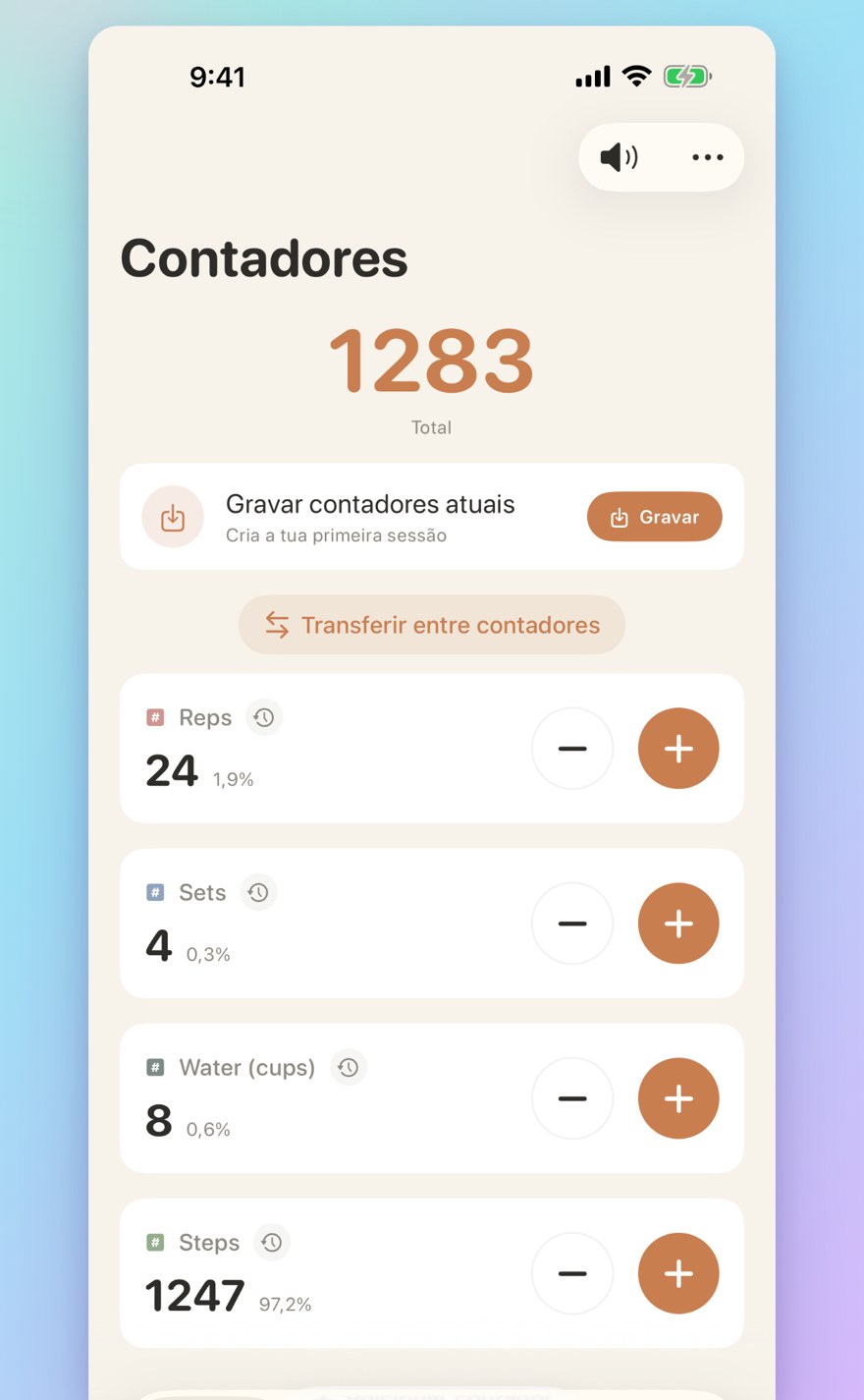 List of multiple personalized counters with names, colors, and smart transfers