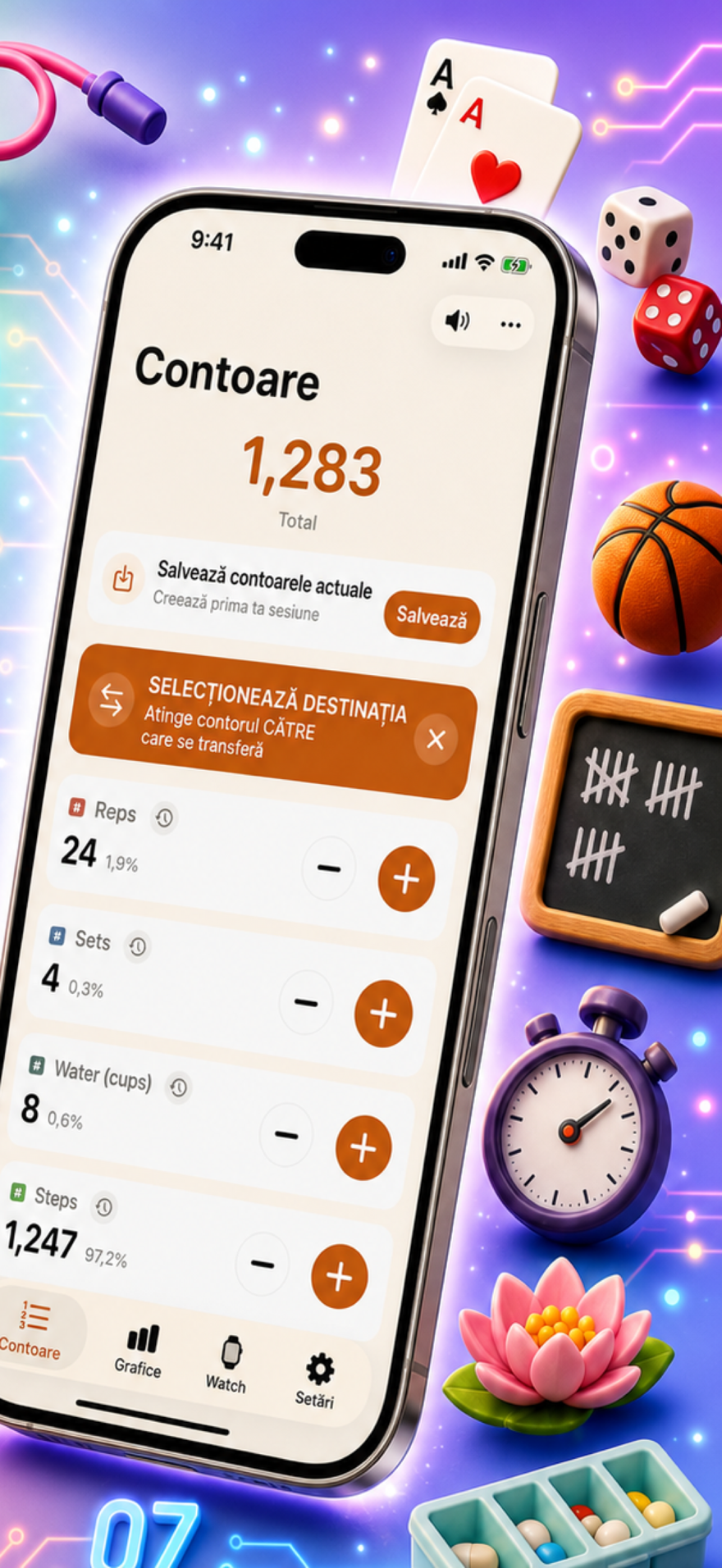Tally Counter 123 marketing poster — fast input, charts, and history