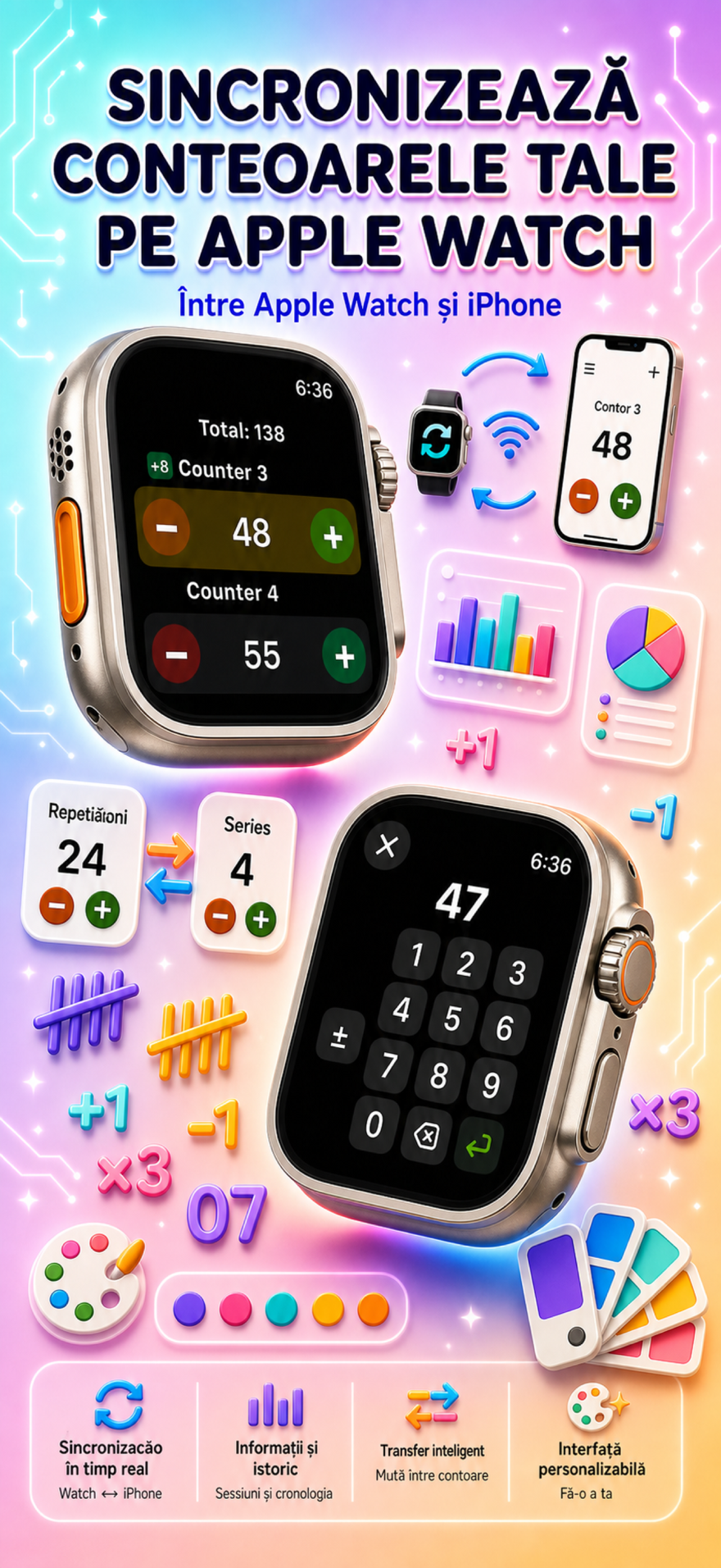 Live Apple Watch sync — counters mirror between iPhone and watch
