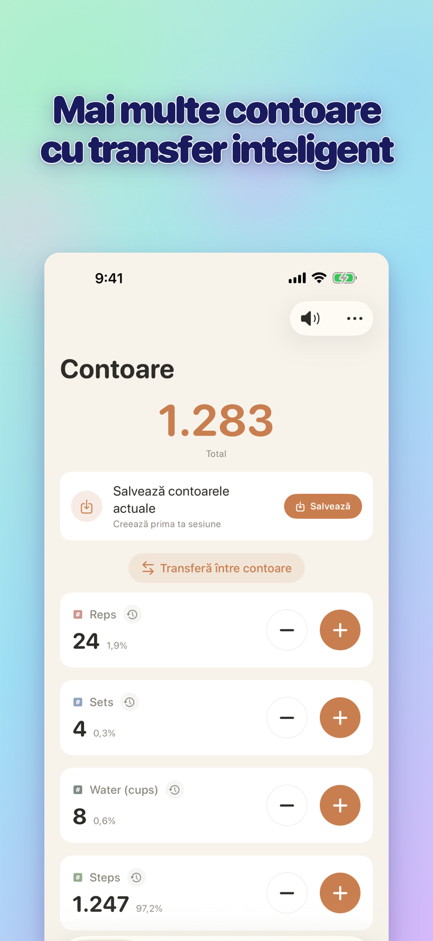 List of multiple personalized counters with names, colors, and smart transfers