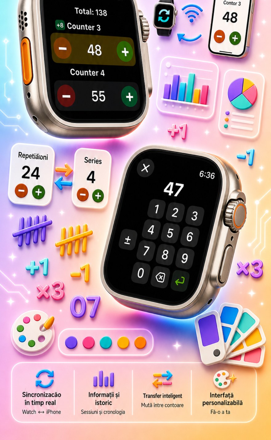 Live Apple Watch sync — counters mirror between iPhone and watch