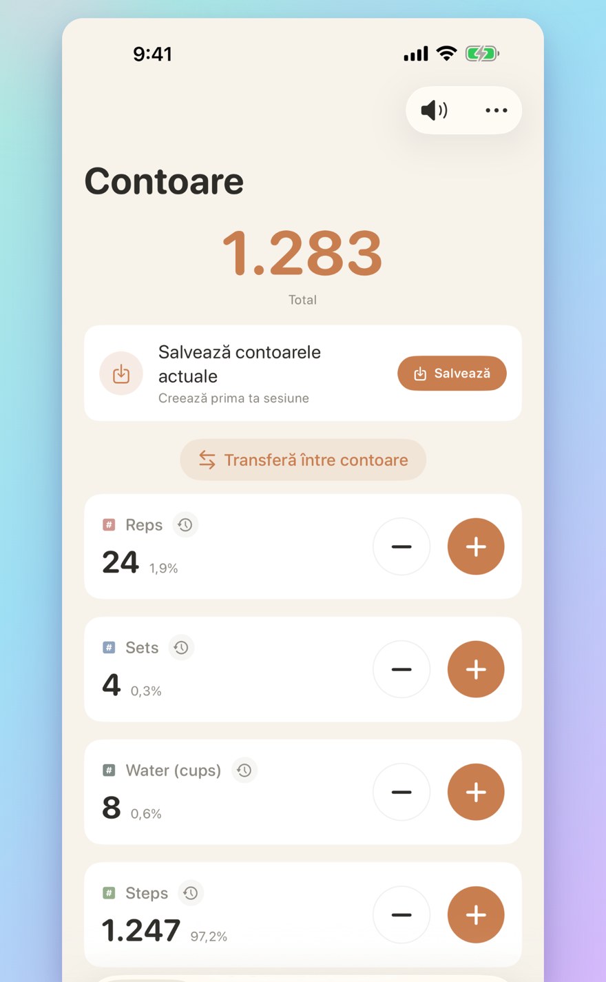 List of multiple personalized counters with names, colors, and smart transfers