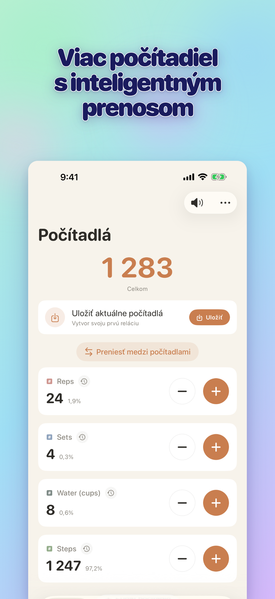 List of multiple personalized counters with names, colors, and smart transfers