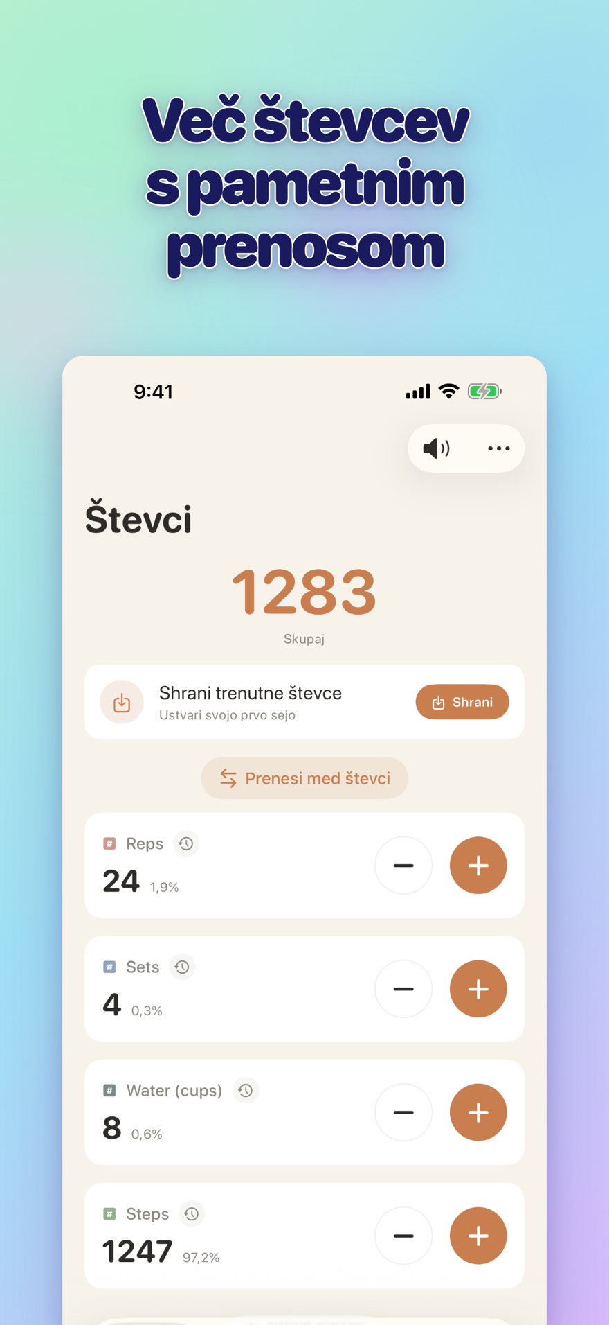 List of multiple personalized counters with names, colors, and smart transfers