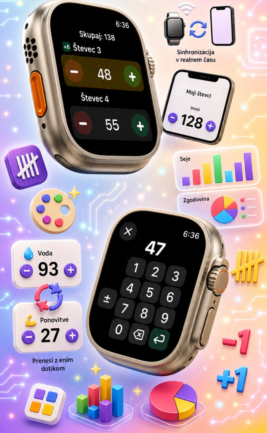 Live Apple Watch sync — counters mirror between iPhone and watch