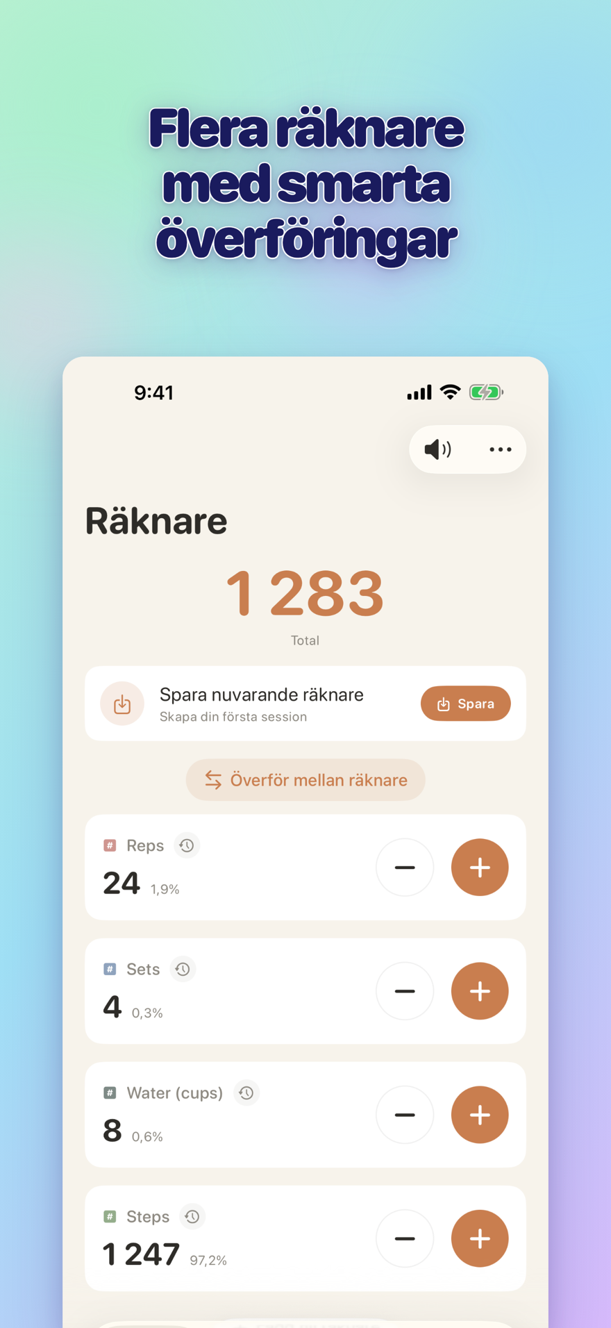 List of multiple personalized counters with names, colors, and smart transfers