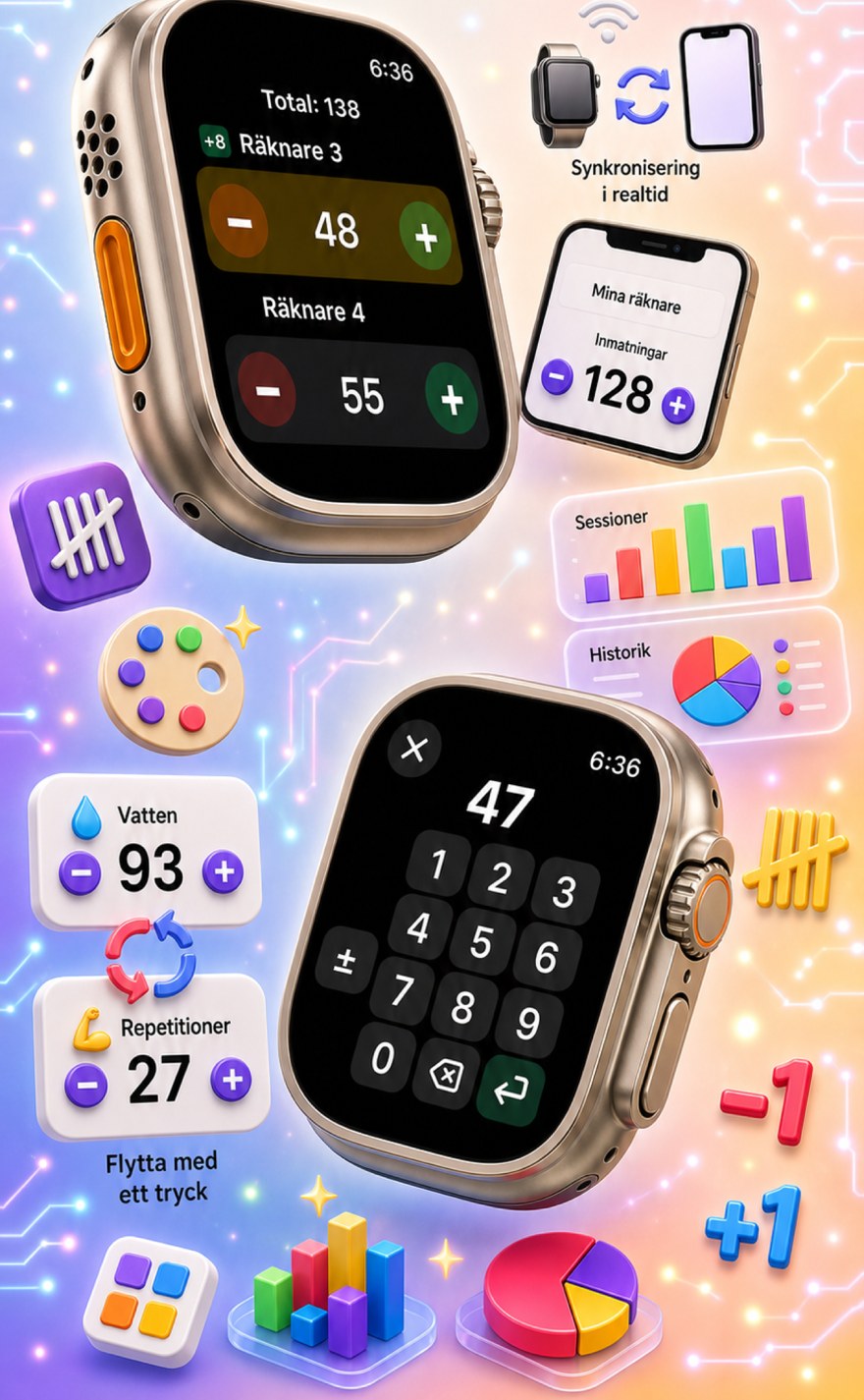 Live Apple Watch sync — counters mirror between iPhone and watch