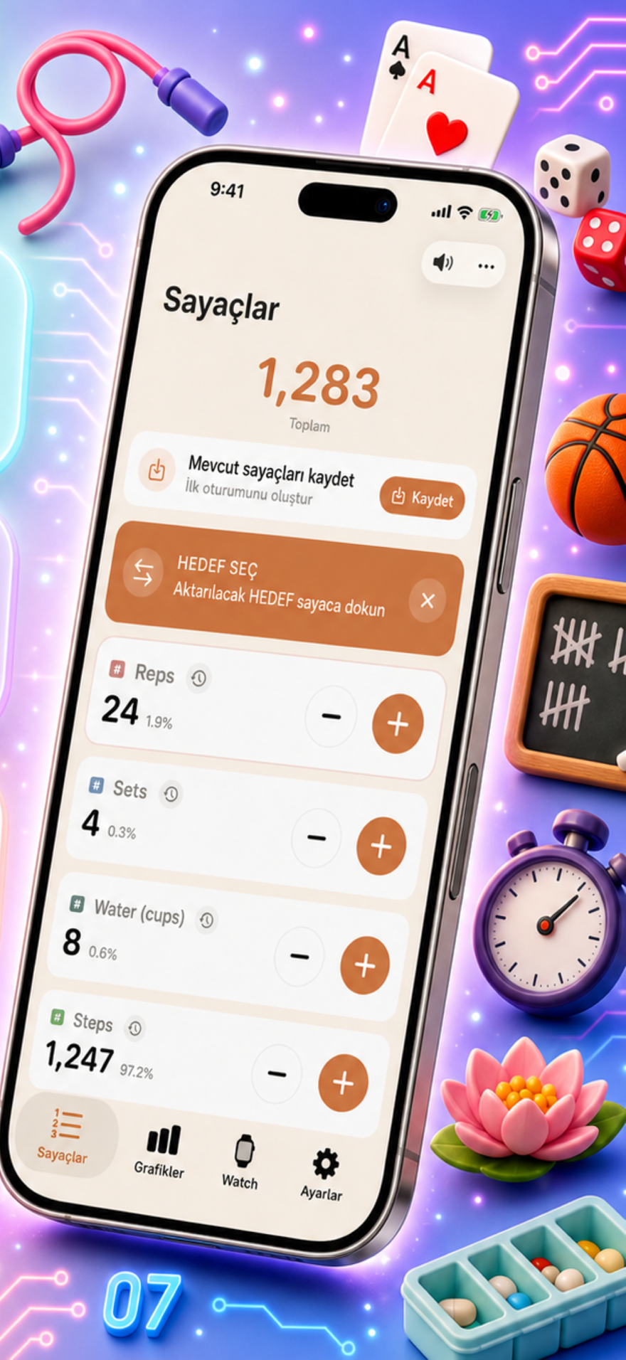 Tally Counter 123 marketing poster — fast input, charts, and history