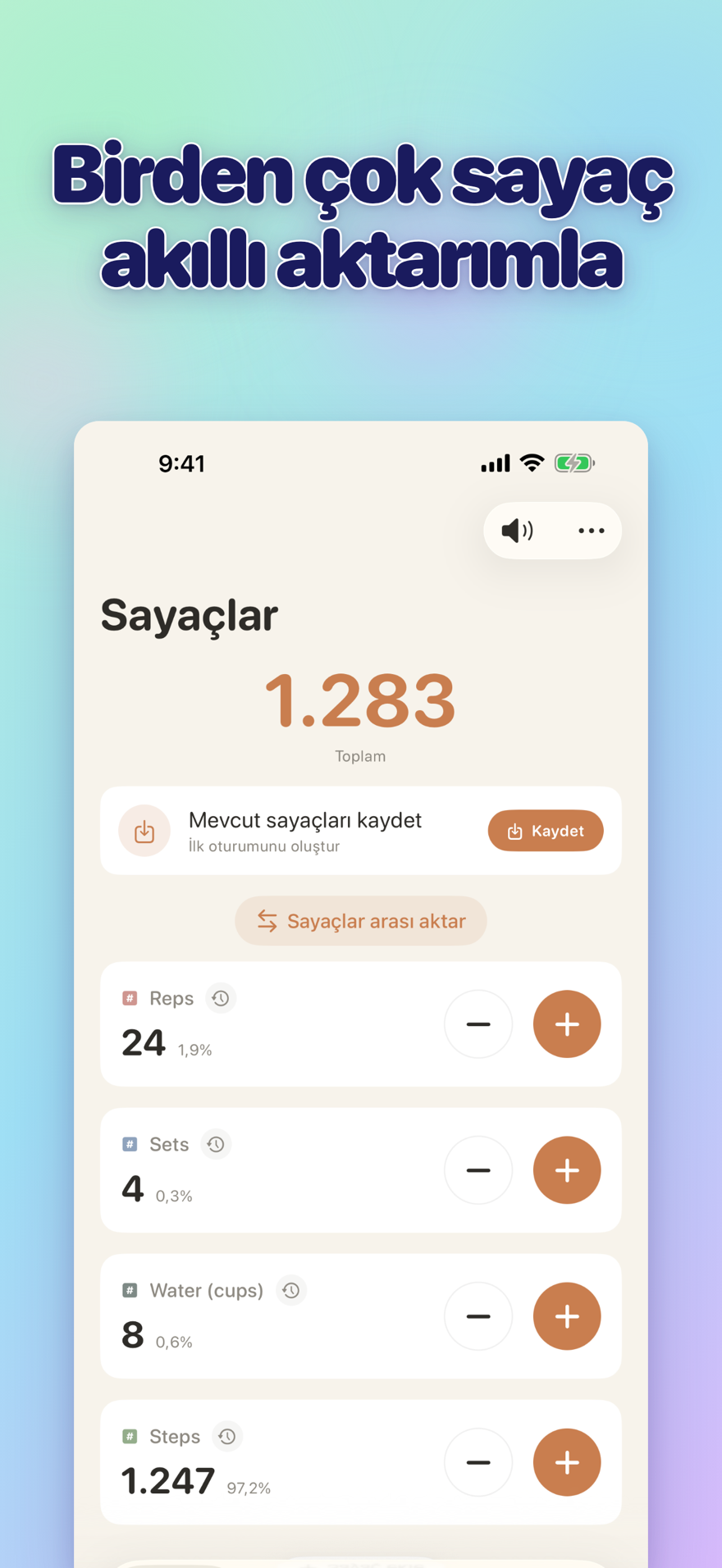 List of multiple personalized counters with names, colors, and smart transfers