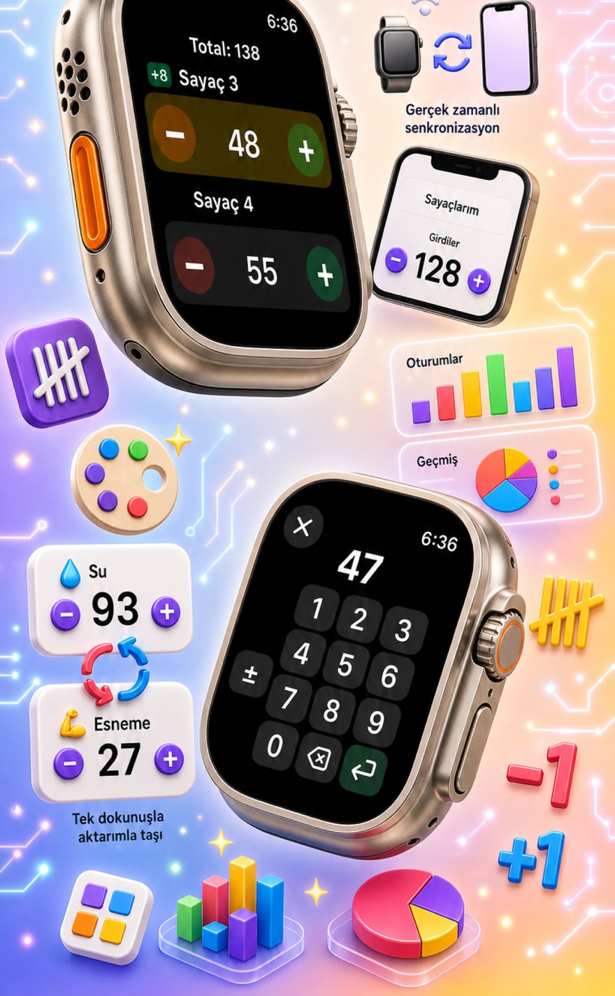 Live Apple Watch sync — counters mirror between iPhone and watch