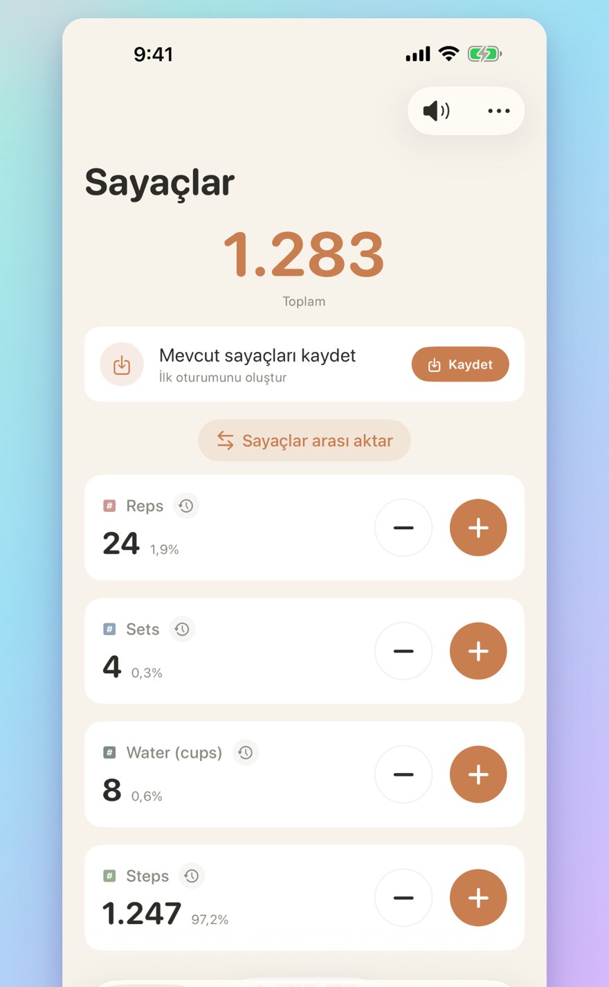 List of multiple personalized counters with names, colors, and smart transfers