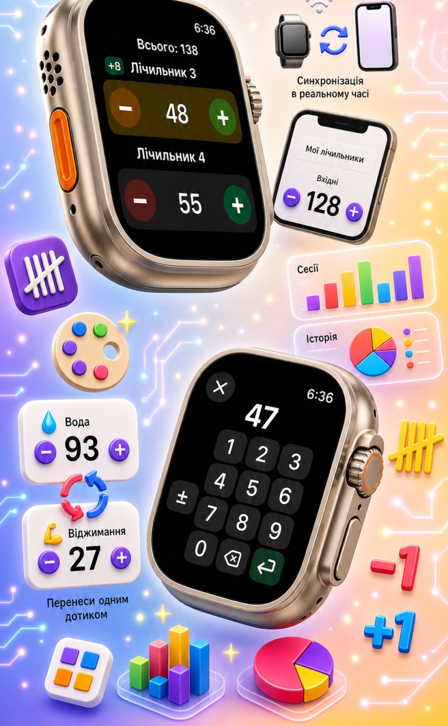 Live Apple Watch sync — counters mirror between iPhone and watch