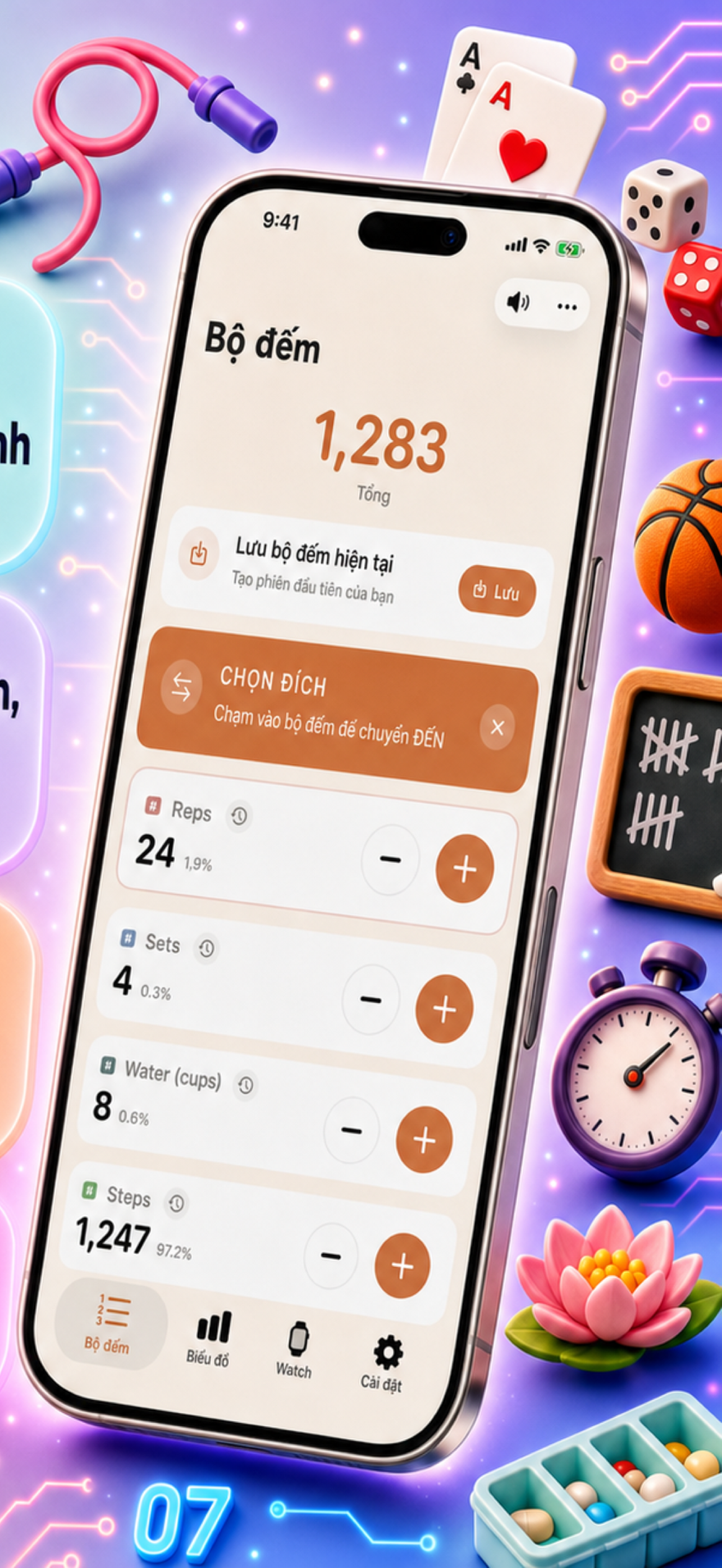 Tally Counter 123 marketing poster — fast input, charts, and history