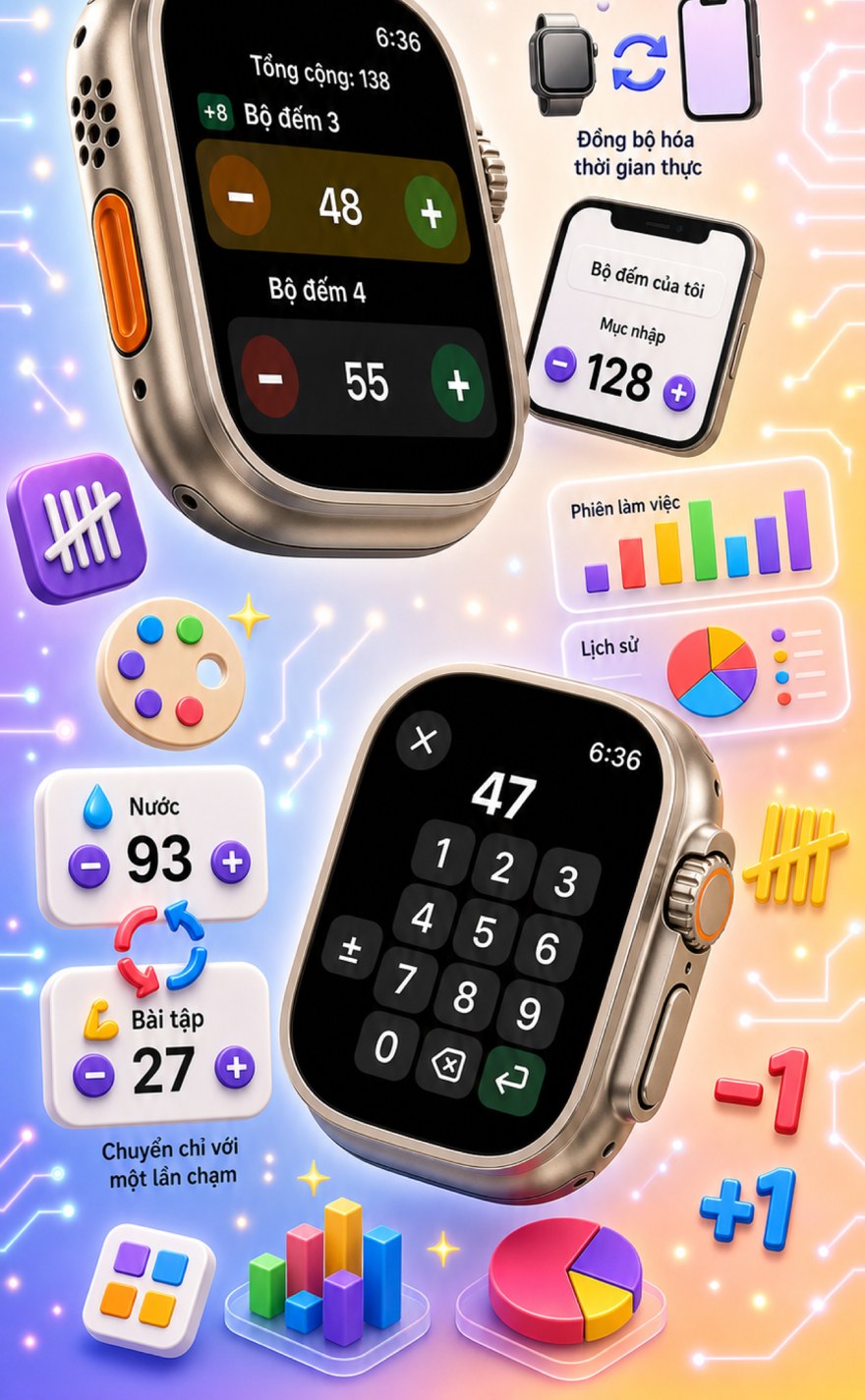 Live Apple Watch sync — counters mirror between iPhone and watch