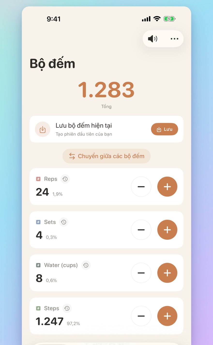 List of multiple personalized counters with names, colors, and smart transfers