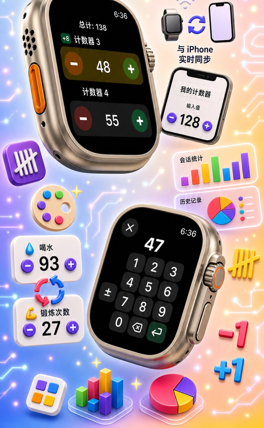 Live Apple Watch sync — counters mirror between iPhone and watch