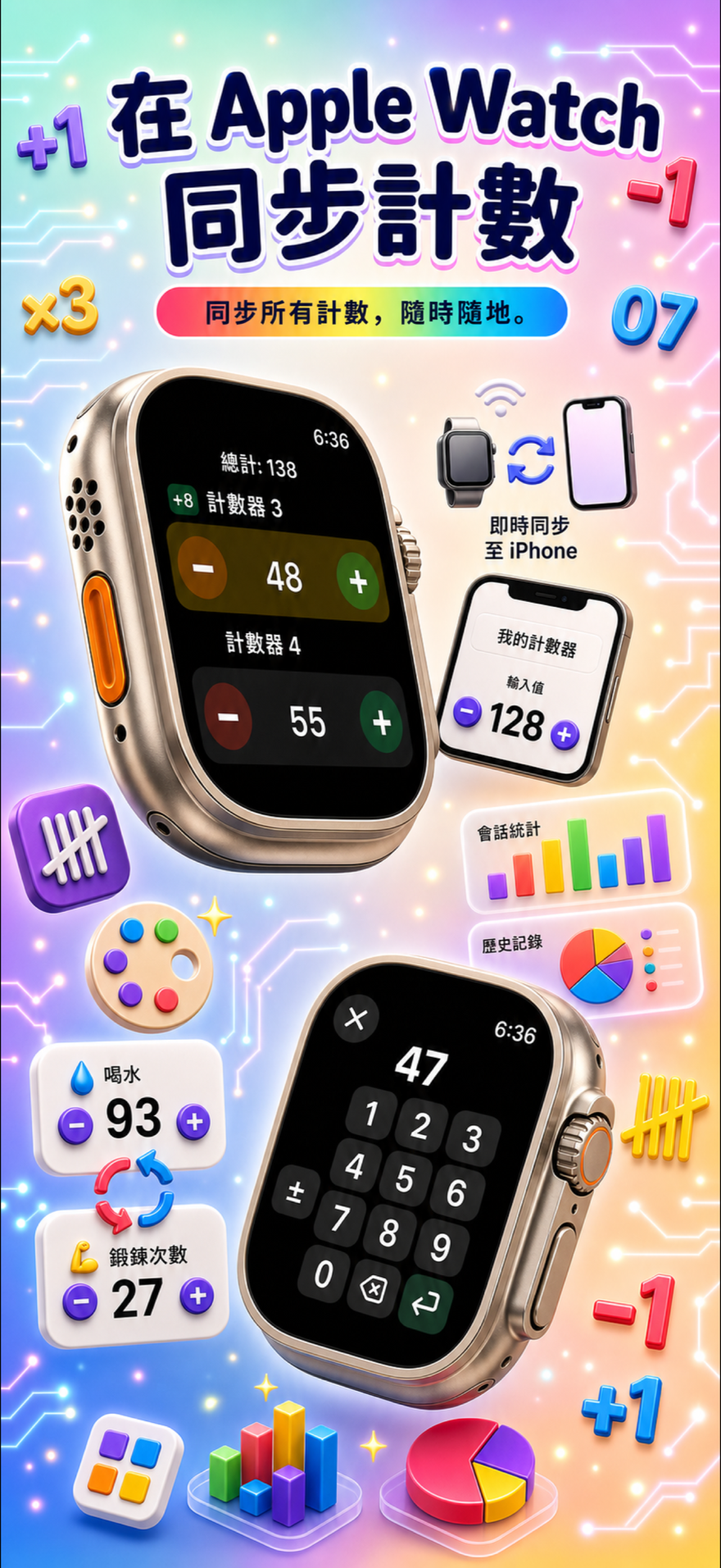 Live Apple Watch sync — counters mirror between iPhone and watch